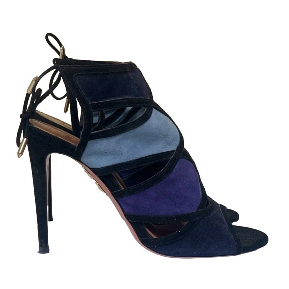 Aquazzura Vika Sandal High Heel Stiletto Suede Ankle Tie Cut Out Blue Black 39.5